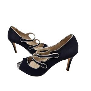 Boden Cordelia Navy Blue Peep Toe Double Strap High Heel Pumps Size EU 39| US 8